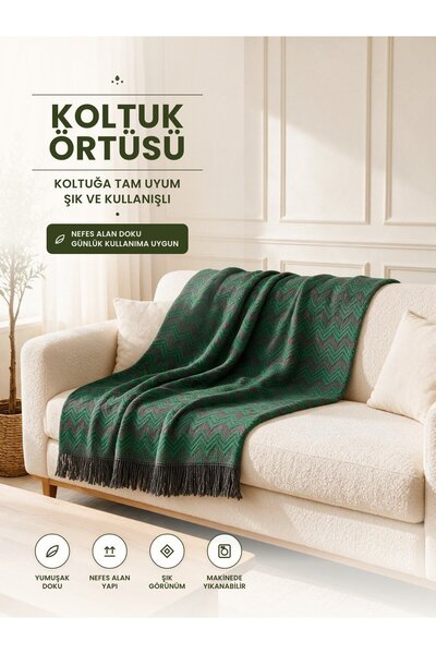 Binna Soft Koltuk Örtüsü 200x240 cm Püsküllü Çok Amaçlı Koltuk Şalı - Zümrüt Yeşili