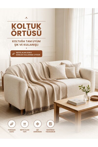 Binna Soft Koltuk Örtüsü 200x240 cm Püsküllü Çok Amaçlı Koltuk Şalı - Bej