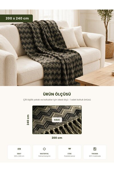 Binna Soft Koltuk Örtüsü 200x240 cm Püsküllü Çok Amaçlı Koltuk Şalı - Antrasit Haki
