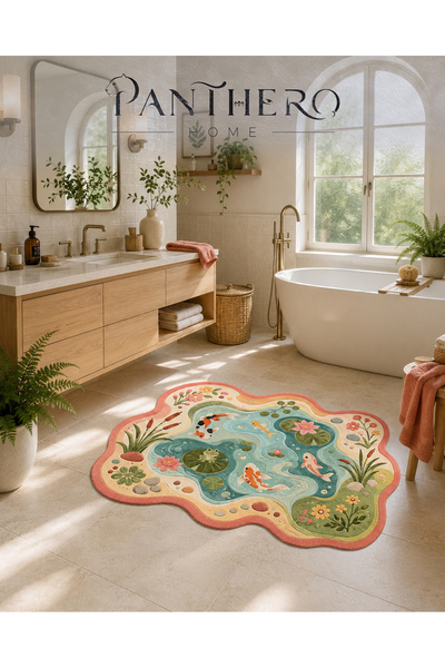 Panthero Home Koi Bahçesi Gölet Desenli Banyo Lazer Kesim Kaymaz Taban Sünger...