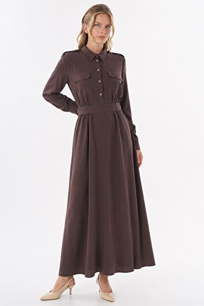 Kayra Shirt Collar Rayon Dress Dark Brown