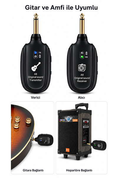 ULTRATEKNO A8 Kablosuz Gitar Sistemi Type-C Şarjlı 6.35 mm Verici Alıcı Elektro Gitar Bas Enstrüman Aktarıcı