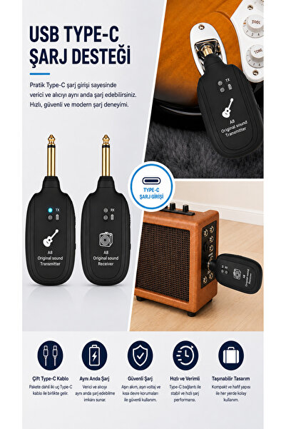 ULTRATEKNO A8 Kablosuz Gitar Sistemi Type-C Şarjlı 6.35 mm Verici Alıcı Elektro Gitar Bas Enstrüman Aktarıcı
