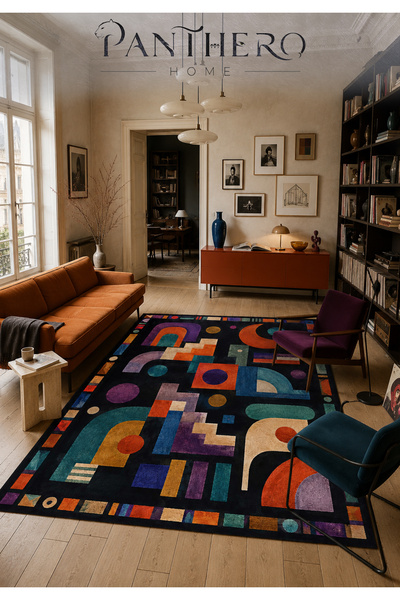 Panthero Home Siyah Zemin Renkli Geometrik Şekiller Desenli Kaymaz Taban Süng...