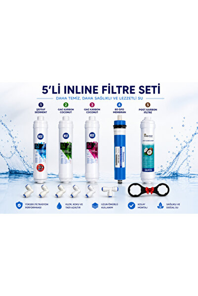 5 Aşamalı Coconut Karbonlu 5 Li Inline Filtre Seti 80gpd Yüksek Tds Memebranlı NSF SERTİFİKALI