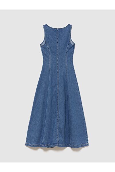 GAP Kadın Mavi Denim Seamed Fermuarlı Midi Elbise
