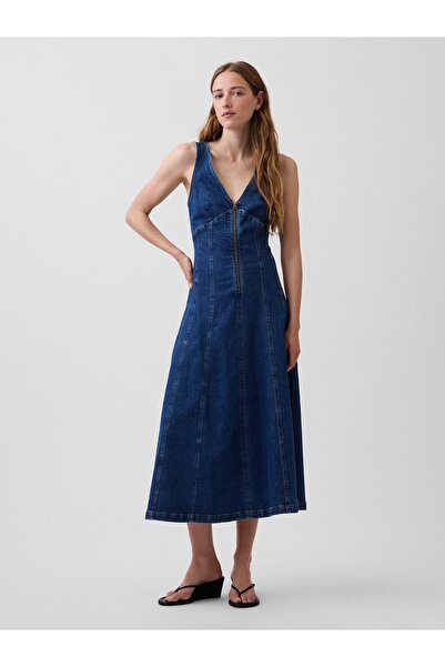 GAP Kadın Koyu Mavi Denim Seamed Fermuarlı Midi Elbise
