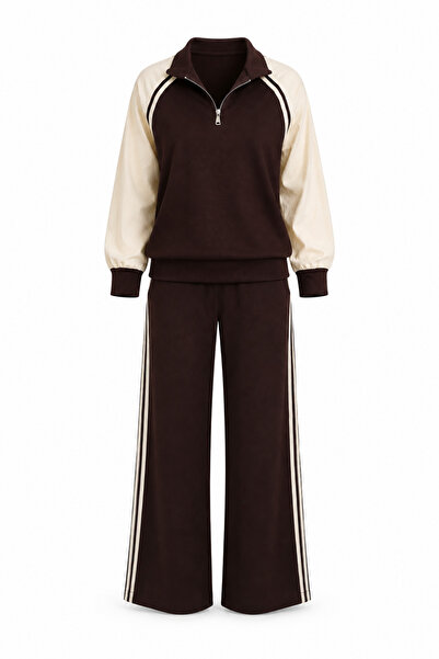 Lovelyİstanbul Contrast Color Parachute Garnished Knitted Suit Laz0012 Brown