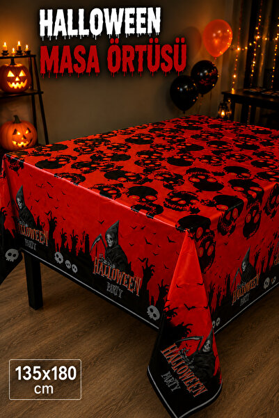 Huzur Party Store Halloween Desenli Masa Örtüsü 135x180 cm Kırmızı Siyah Cadı...
