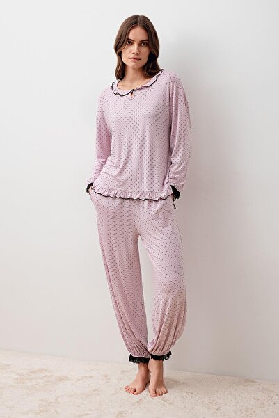 Artış Long Sleeve Polka Dot Lace Trim Elastic Cuffs Lycra Viscose Pajama Set