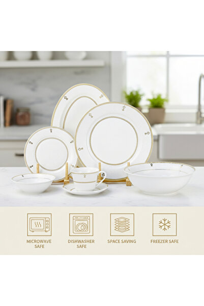 SHALLOW ZAYA 32 Pc New Bone China Dinner Set for 6 Persons – White Embossed Ornamental Design