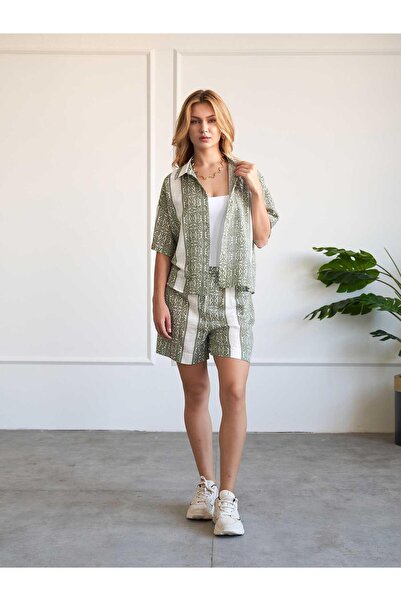 Clothes Fast Women's Green Shirt Shorts Set Ethnic Patterned Lace-Up Waist Sh...