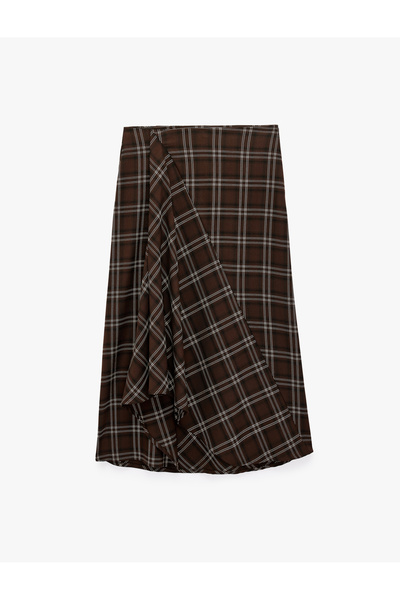 Koton Regular Waist A-Line Skirt with Slit Detail and Plaid Pattern Midi Skirt