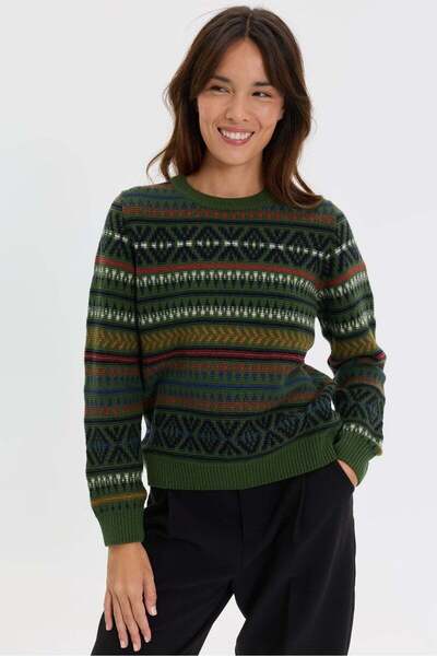 Desen Triko Women's Crew Neck Kilim Patterned Jacquard Wool Sweater K.Yosun