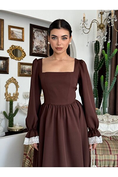 Moda Days Women's Brown Midi Dress Square Neck Gathered Waist Lace Detailed L...