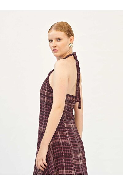 Clothes Fast Γυναικείο ασύμμετρο μίντι φόρεμα με καρό σχέδιο, λαιμόκοψη halte...
