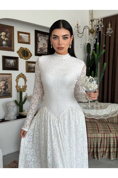 Moda Days Women's Ecru Lace Midi Dress High Neck Long Sleeve Gathered Flared Cut