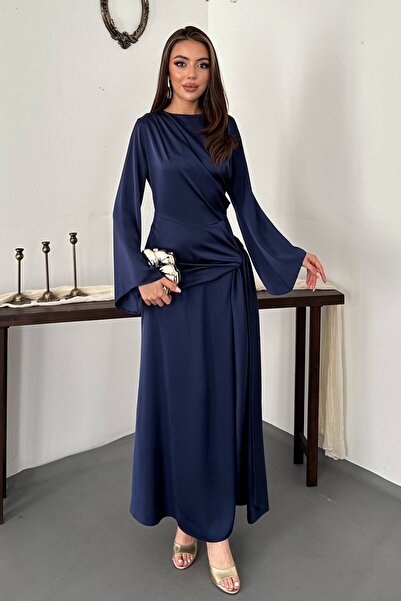 Clothes Fast Women's Navy Blue Satin Maxi Dress with Side Tie and Draped Long...
