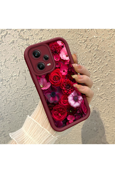 PATTERNOVA Redmi Note 12 Pro 5G Uyumlu Bordo Renk Retro Çiçek Baskılı Silikon...