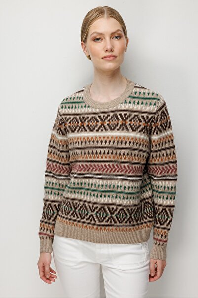 Desen Triko Women's Crew Neck Kilim Patterned Jacquard Wool Sweater Dark Beige