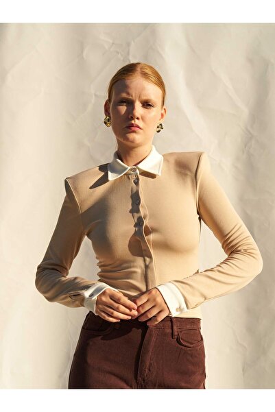 Moda Days Women's Beige Shirt Collared Contrast Cuffed Buttoned Long Sleeve K...