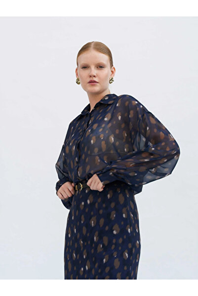 Clothes Fast Women's Navy Blue Speckled Patterned Transparent Long Sleeve But...