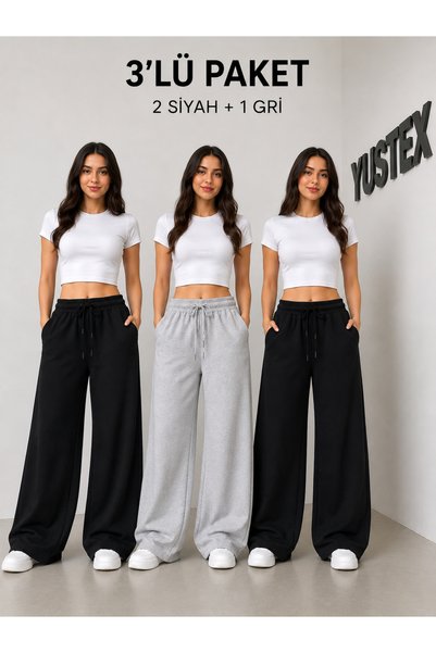 yx yustex sport 3 Piece Women's Sweatpants (Black+Grey+Black) Oversize Comfortable Cut Sweatpants Set