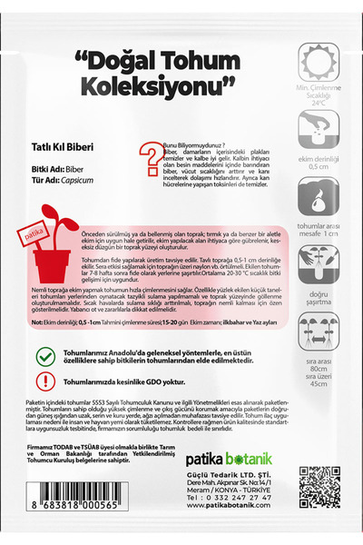 Patika Botanik 200 Adet Tatlı Kıl Biber Tohumu