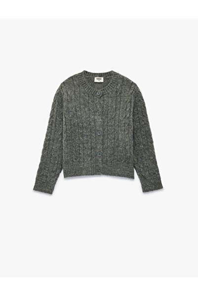 Koton Hair Braid Textured Buttoned Long Sleeve Crew Neck Knitwear Cardigan