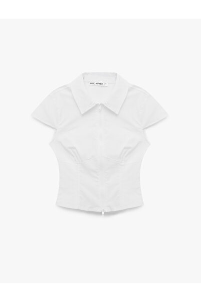 Koton Kısa Kollu Klasik Yaka Fermuarlı Slim Fit Crop Korse Bluz