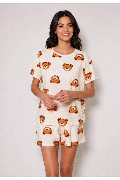 PjPAZAR Ecru 100% Cotton Teddy Bear Shorts Knitted Pajama Set Pt0005