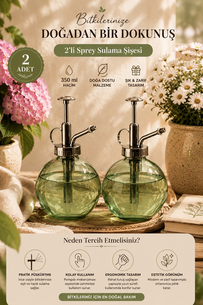 Porsima 15729 2'li Cam Sprey Yağlık Seti – Yeşil Cam Çiçek Bitki Sulama Püskü...