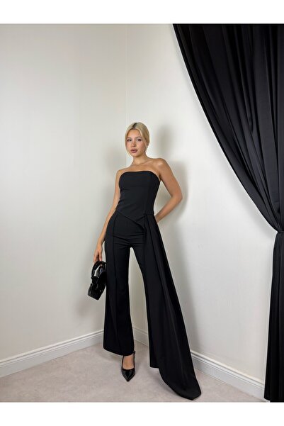 Clothes Fast Women's Black Blouse Trouser Set Strapless Draped Asymmetrical L...