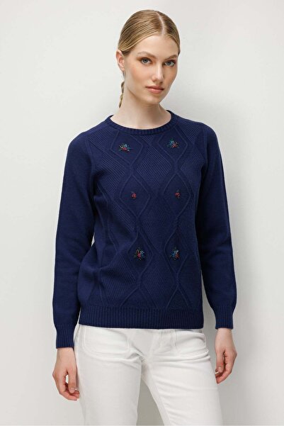 Desen Triko Women's Crew Neck Sweater with Diamond Embroidery on the Front, N...