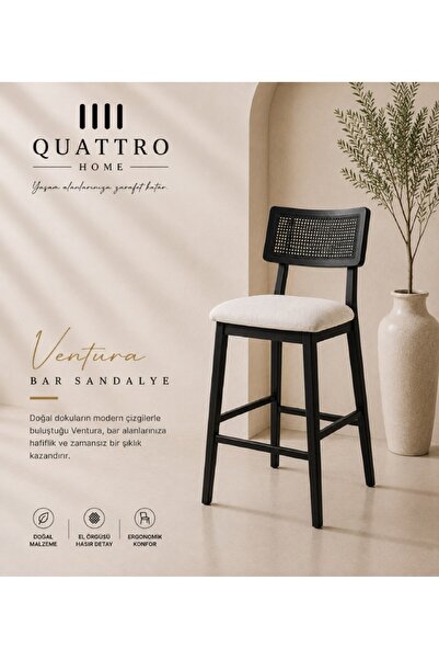 QUATTRO HOME Ventura Hasır Sırtlı Ahşap Bar Sandalyesi