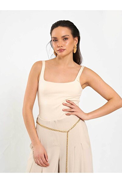Moda Days Γυναικεία μπλούζα σε μπεζ χρώμα, αμάνικη, με τετράγωνο λαιμό, χοντρ...