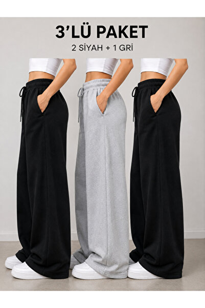 yx yustex sport 3 Piece Women's Sweatpants (Black+Grey+Black) Oversize Comfor...