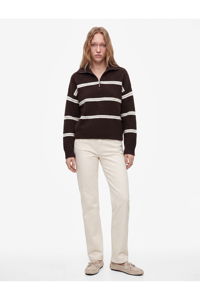 Koton Sheep Wool Blended Comfortable Fit Long Sleeve Half Zipper Striped Knit...