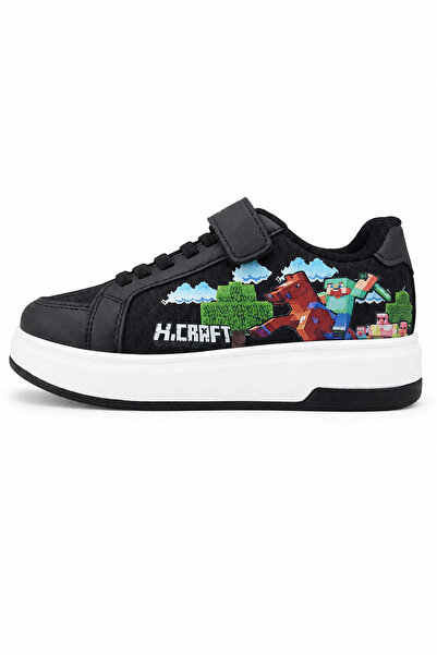 Ekonomik Ayakkabı Boys' Black Sports Shoes Pixel Game Patterned Velcro Casual...