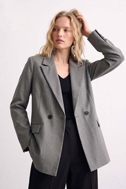 BARRELS AND OIL Women's Double Button Blazer Jacket - School Gray