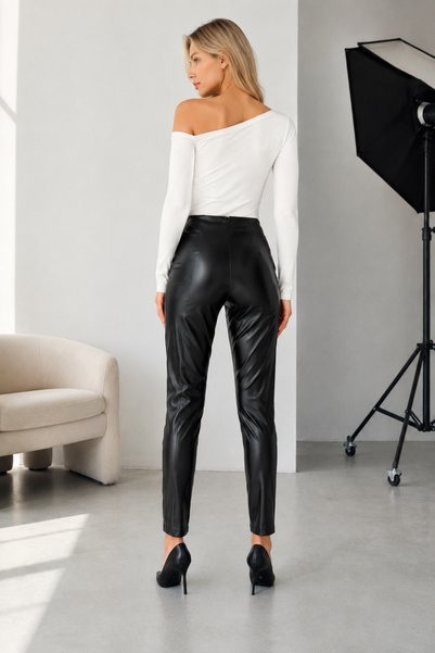 SHEVEGA Women's Black High Waist Skinny Leg Leather Pants