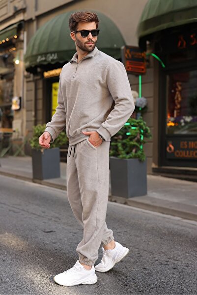 Madmext Painted Gray Zipper Detailed Stand Collar Fleece Men's Tracksuit Set ...