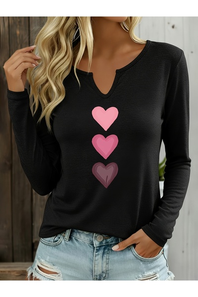 Deocept Printed Cotton Half V-Neck Long Sleeve Blouse T-Shirt