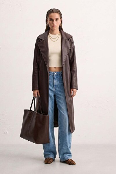 BARRELS AND OIL Women's Leather Look Trench Coat - Bitter Brown