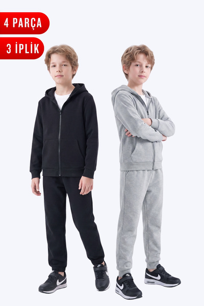 FYK KİDS 3 Thread Plain Boys' Zippered Hooded 2-Piece Tracksuit Set 4 Pieces