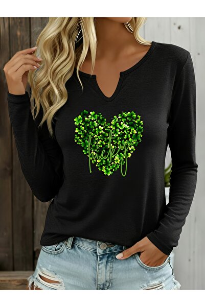Deocept Printed Cotton Half V-Neck Long Sleeve Blouse