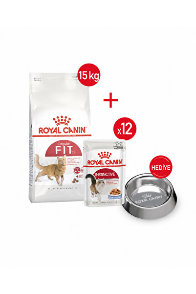 Royal Canin Fit32 Kuru Kedi Maması 15kg + Yaş Mama 12*85g + Çelik Mama Kabı