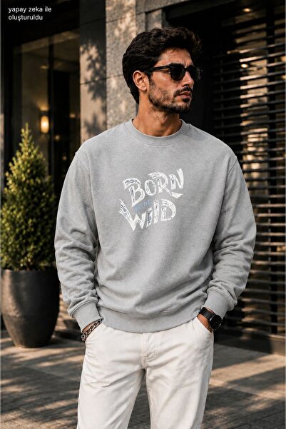 caddekombin Men's Born to Be Wild Printed Cycling Round Neck Casual Sweatshirt