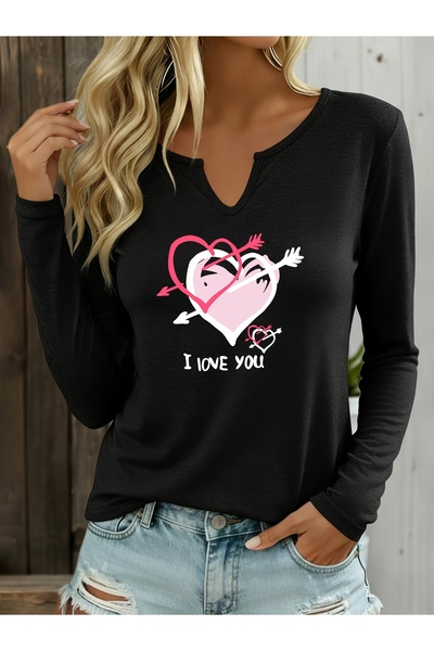 Deocept Printed Cotton Half V-Neck Long Sleeve Blouse T-Shirt