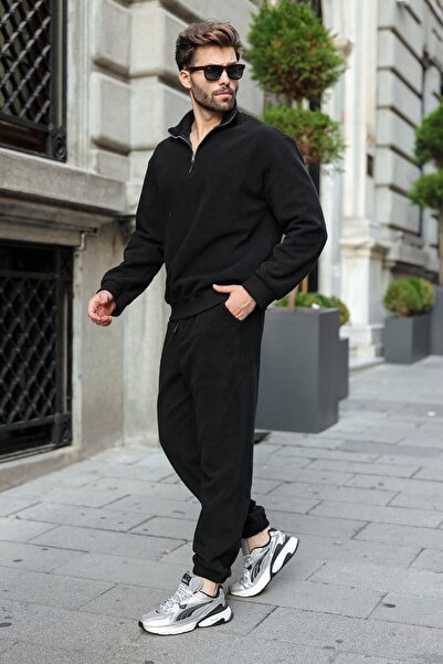 Madmext Black Zipper Detailed Stand Collar Fleece Men's Tracksuit Set E7372